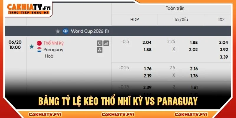 Bảng tỷ lệ kèo Thổ Nhĩ Kỳ vs Paraguay